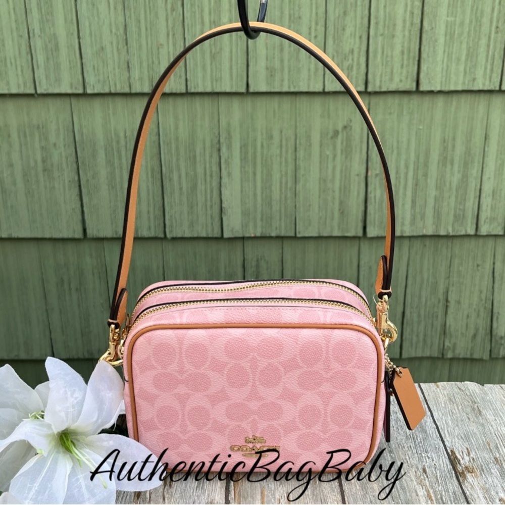 Coach Mini Carey Crossbody Bag In Signature Canvas With Charms Powder Pink Purse